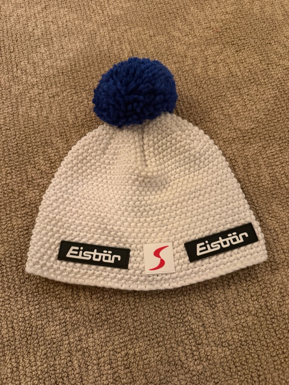 White Knit Pom Beanie with Blue Pom